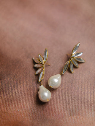 PERRY // Gold Asymmetric crystal and pearl earrings RTS FALL