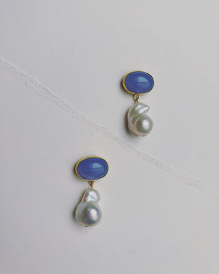 Periwinkle Oval and Baroque pearl drop earrings #HC011