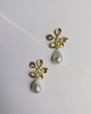Gold floral and Baroque pearl drop earrings #HC015