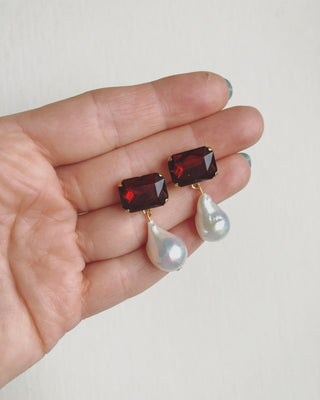 Rouge crystal and Baroque pearl drop earrings #HC016