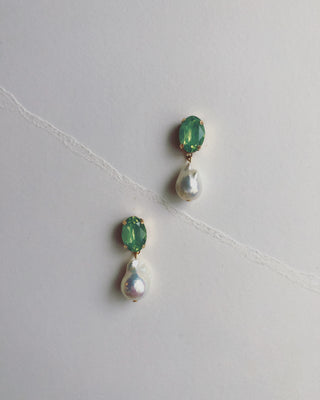 Green crystal and Baroque pearl drop earrings #HC018 [ONLY ONE SET]