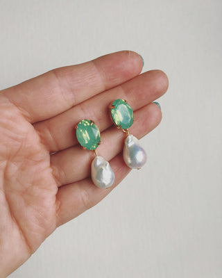 Green crystal and Baroque pearl drop earrings #HC018 [ONLY ONE SET]